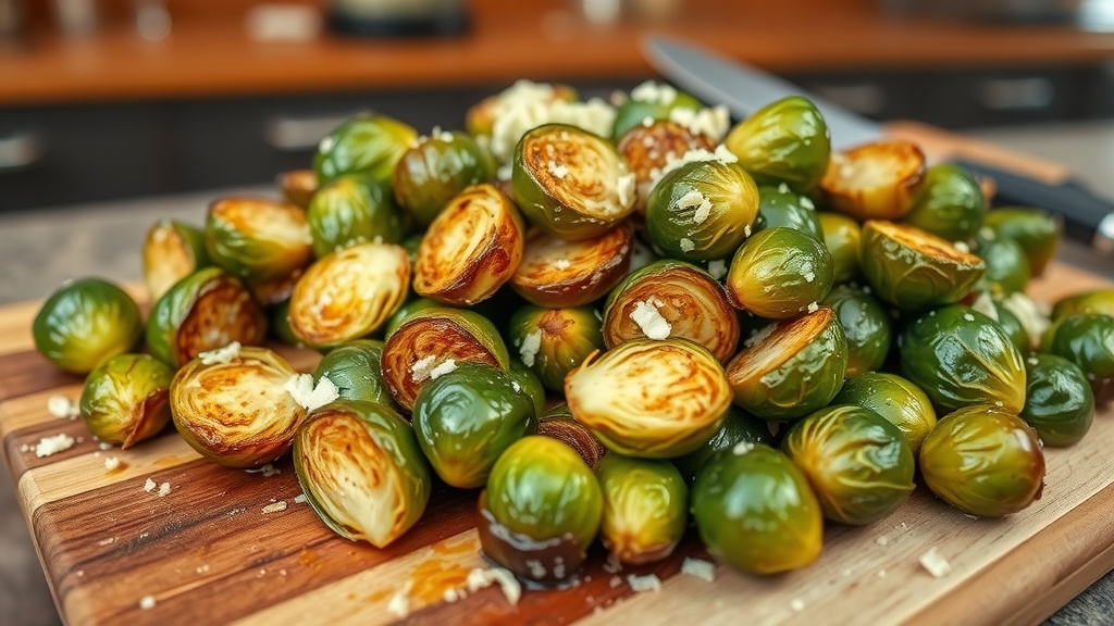 Savory Roasted Brussels Sprouts Recipe Golden roasted Brussels sprouts with garlic and Parmesan on a wooden serving tray.